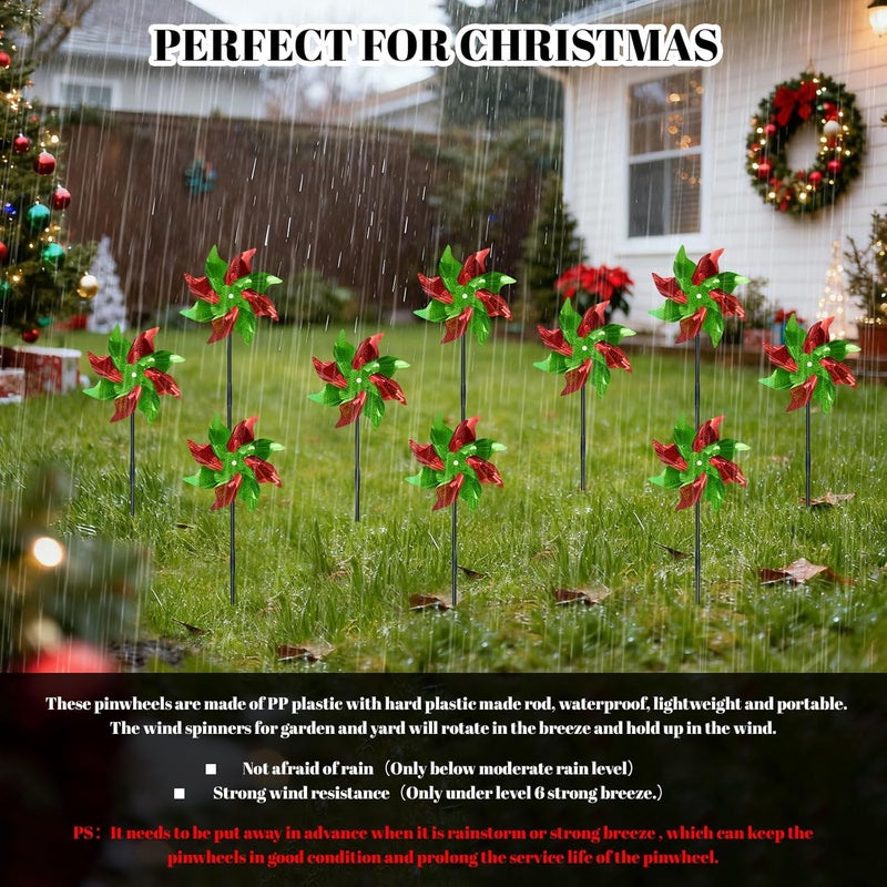 DECEED 10 PCS Pre-Assembled Christmas Red and Green Reflective Pinwheels, Large Foil Sparkly Wind Spinners with Stakes, Farm Bird Animal Deterrent Windmill, Christmas Outdoor Garden Lawn Yard Decor - Image 5